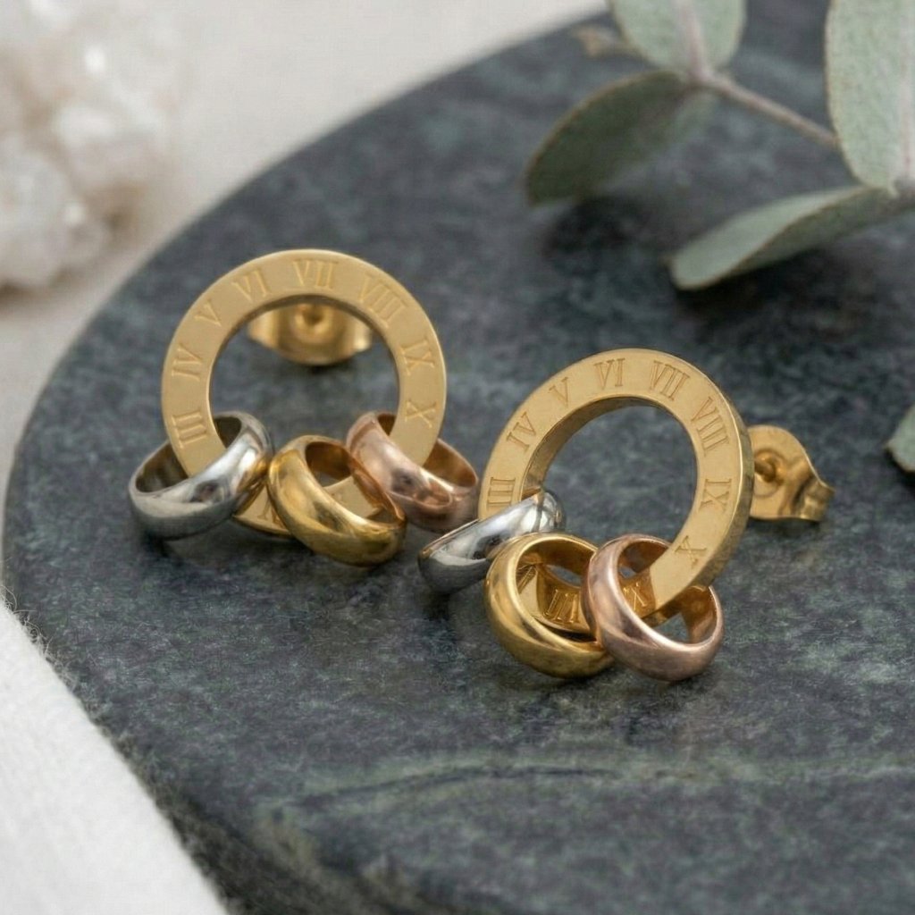Tri Color Roman Numeral Circle Stud Earrings Hypoallergenic Stainless Steel